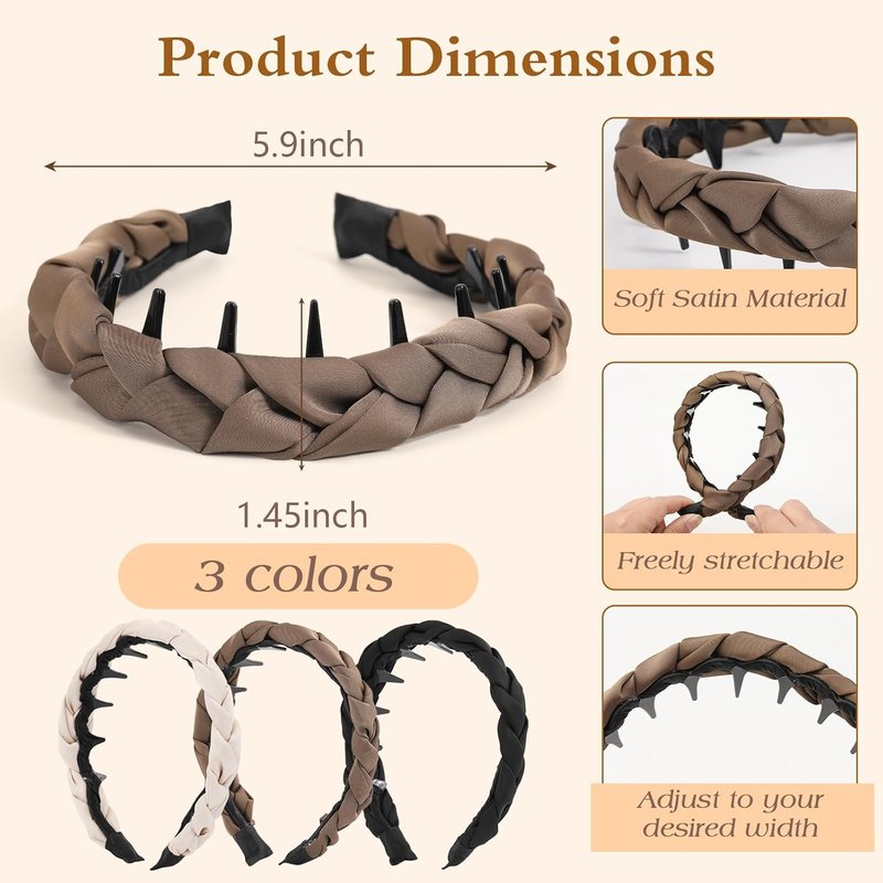 Auseibeely Zig Zag Headbands for Women - Non-Slip Satin Braided Hair Accessories | 3 Pcs Set