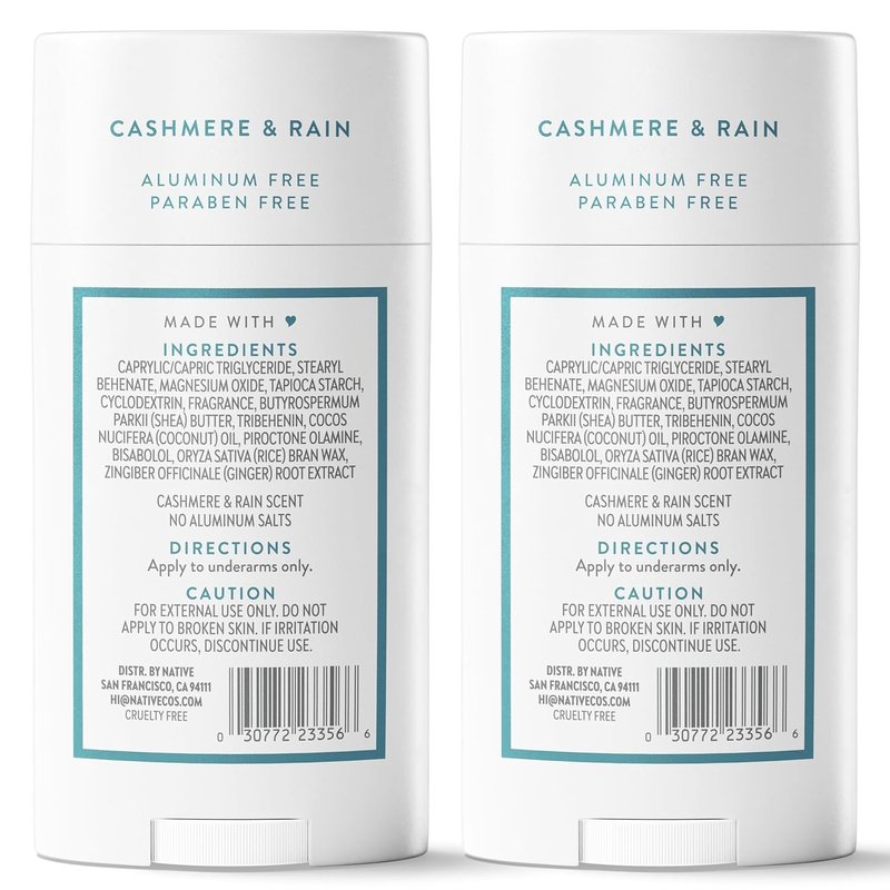Native Deodorant Contains Naturally Derived Ingredients, 72 Hour Odor Control, Deodorant for Women and Men, Aluminum Free, Cashmere & Rain Scent 2.3 oz (Pack of 2)