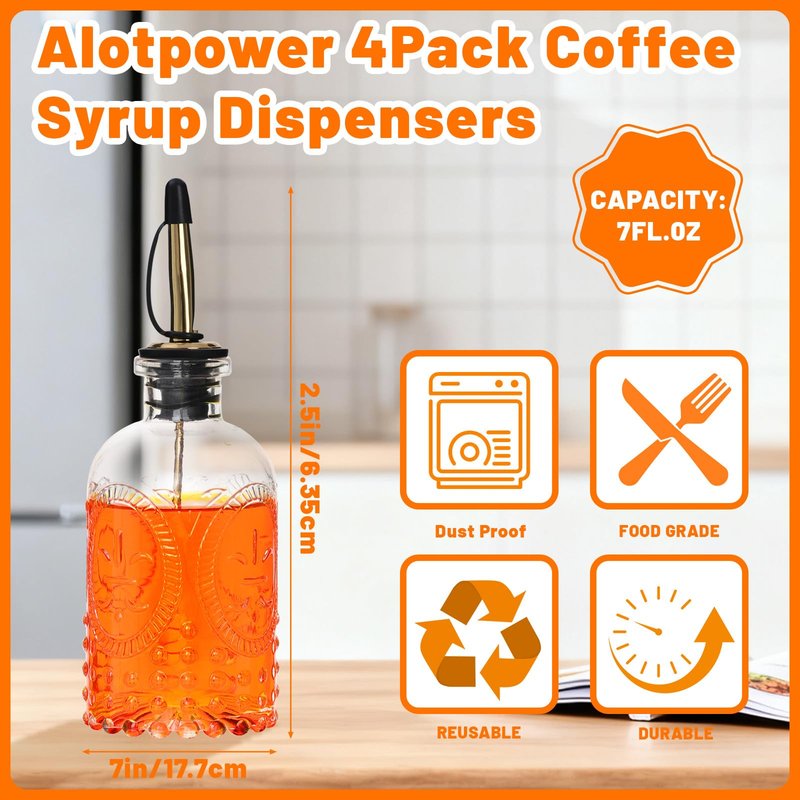 7oz Glass Coffee Syrup Dispenser, 4-Pack Complete Set with Funnel, Brush, Stoppers & Accessories - Syrup Bottles for Coffee Bar with Metal Pour Spout, Ideal for Maple,Oil, Vinegar,Cooking wine