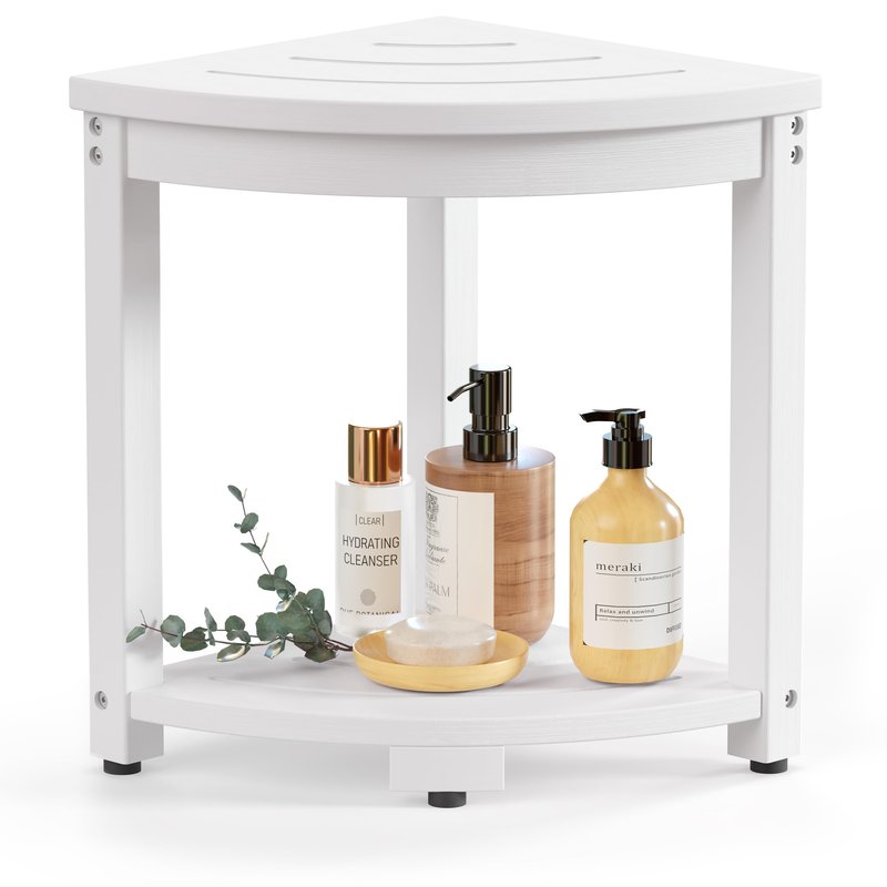 BEKVEM Waterproof Corner Shower Stool for Inside Shower, Poly Lumber Shower Bench Seat Chair, Bath Shower Stool for Shaving Legs Foot Rest with Storage Shelf, Adjustable & Non-Slip Feet, White