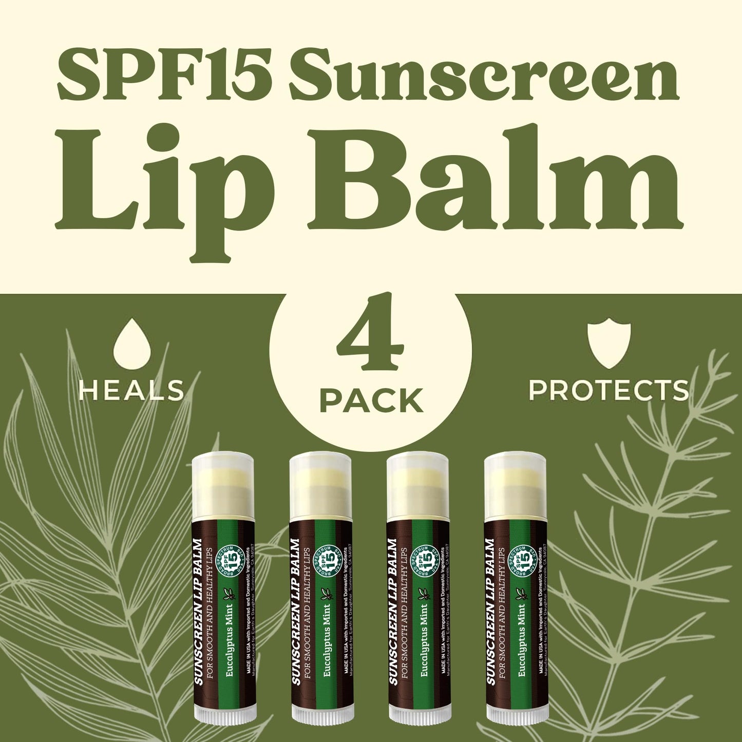 Earth's Daughter SPF Lip Balm Eucalyptus Mint 4-Pack - Lip Sunscreen, SPF 15, Organic Ingredients, Beeswax, Coconut Oil, Vitamin E - Hypoallergenic, Gluten Free