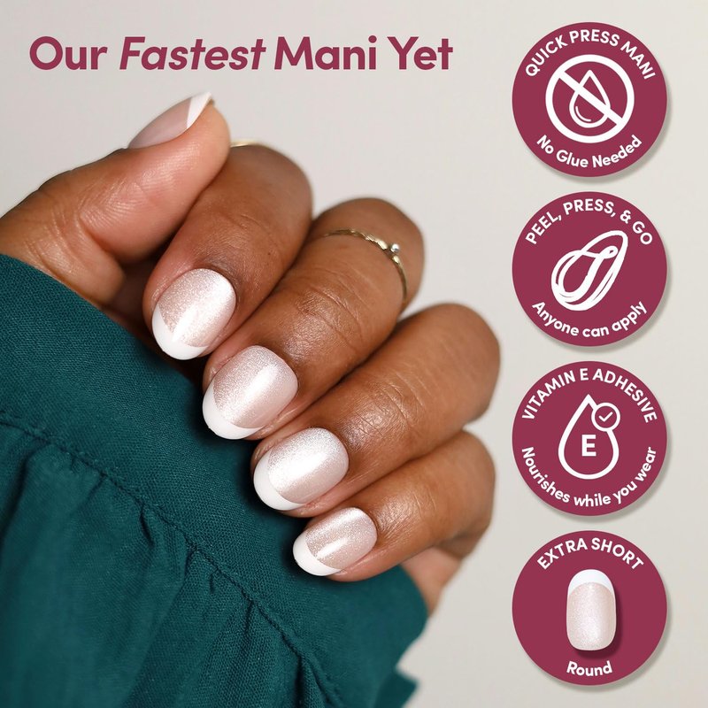 Glamnetic Quick Press Mani - No Glue Press On Nails, Just Peel and Stick, Round Extra Short Nails, Mess Free, Salon Quality Stick On Nails, Velvet French | in 15 Sizes - 30 Nail Kit