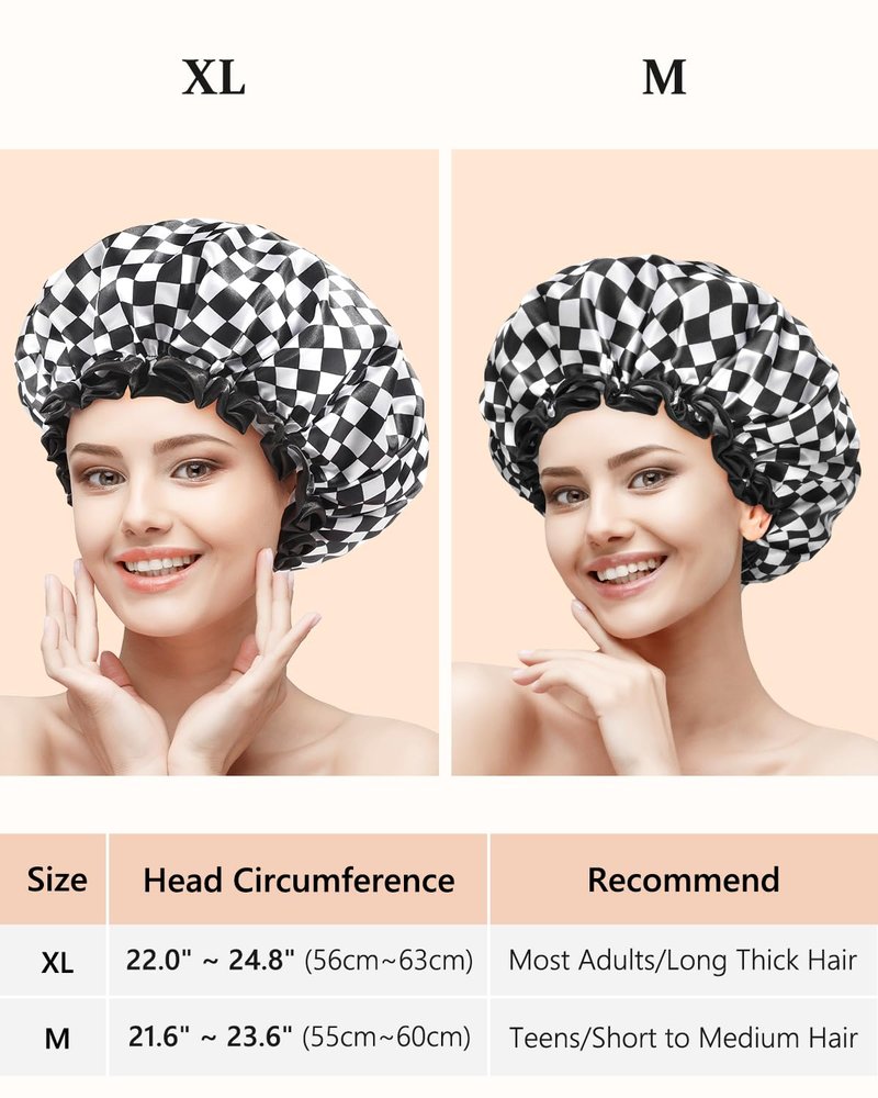 mikimini Large Shower Cap for Women Long Hair, Reusable, Double Layers Waterproof Large Bathing Shower Hat with Soft Comfortable PEVA Lining, Non-Fading, Stretchy & Shower Caps ,Checkerboard (Pack of 1)