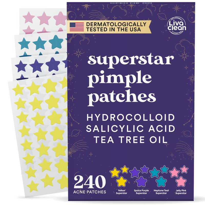 Livaclean 240CT Star Pimple Patches for Face w/ Hydrocolloid, Tea Tree oil & Salicylic Acid - Zit Stickers, Hydrocolloid Acne Patches for Face - Cute Pimple Patch, Acne Stickers