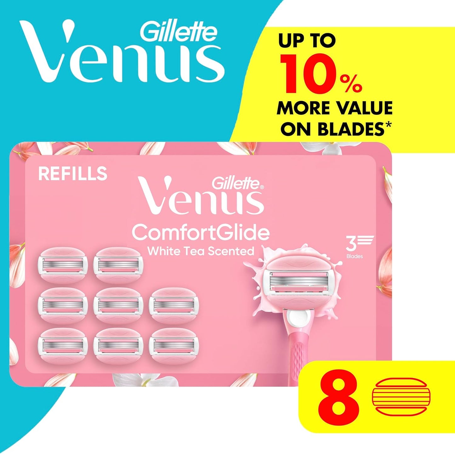 Venus ComfortGlide Women's Razor Blades - White Tea Scented with Built-In Shave Gel Bars | 8 Refills