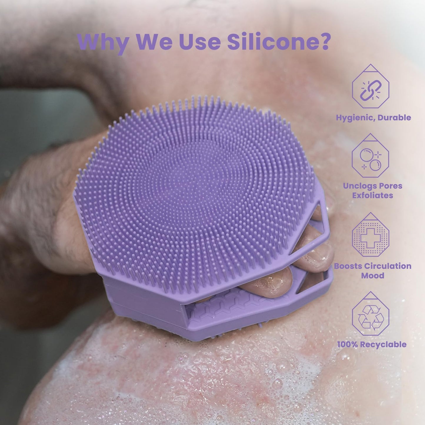 iTokGoK® Premium Silver-Infused 2 in 1 Silicone Body Scrubber, Double-Sided Design Body Brush Silicone Body Scrubber Exfoliating Body Brushes for All Skin for Showering, Lathers Well - Lavender