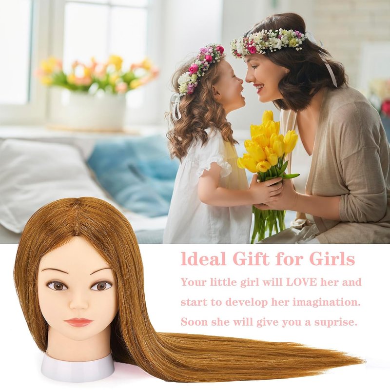 Mannequin Head - 80% Human Hair Cosmetology Training Tool | 28'' Doll Head for Hairdressers