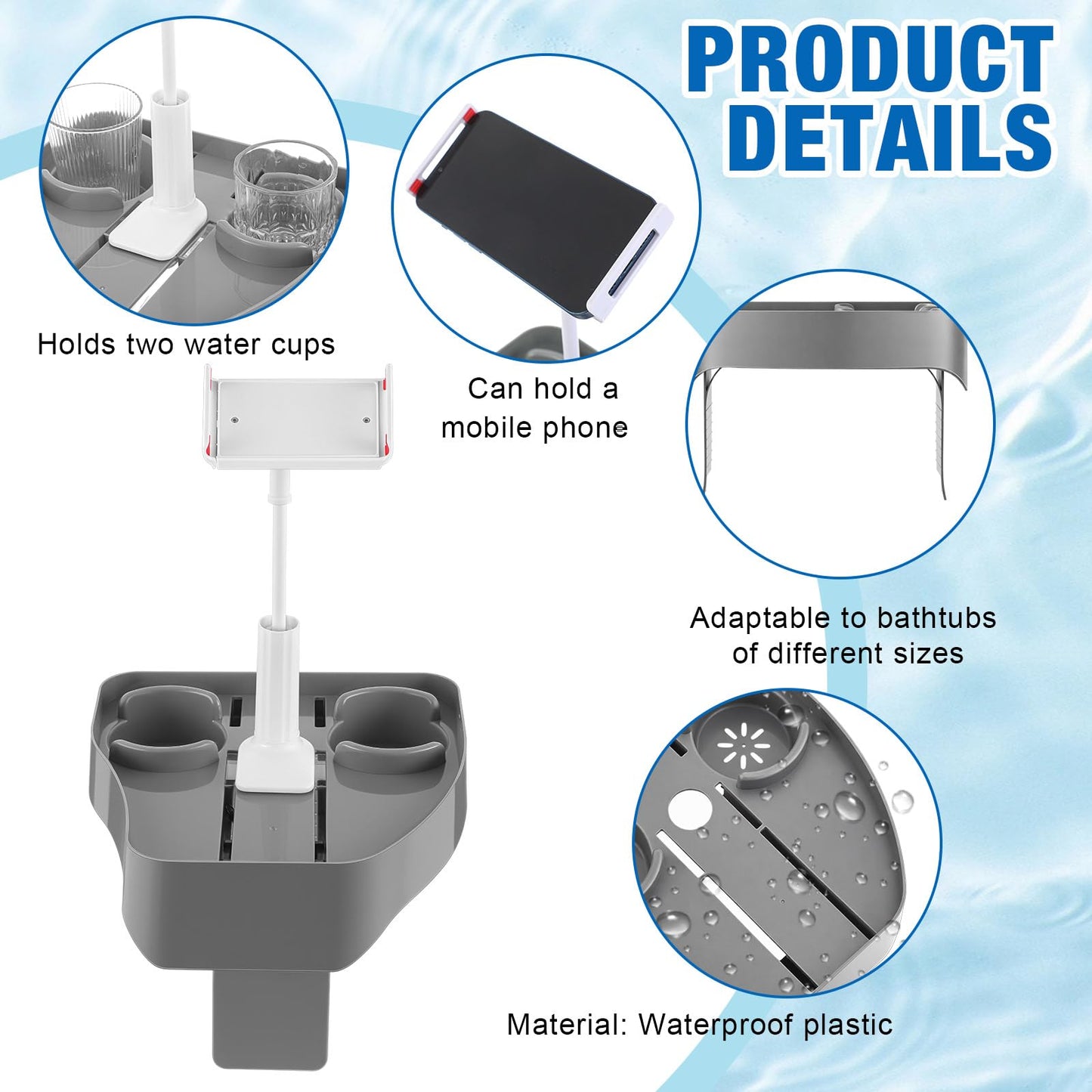 Klyyo Clyro Hot Tub Table Tray with Adjustable Phone Holder 2 Cup Holders, Fits 5.9-9.8", 3 in 1 Hot Tub Accessories for Aboveground Outdoor Inflatable Pool Drinks Snacks Spa Gift for Women Mom Adults