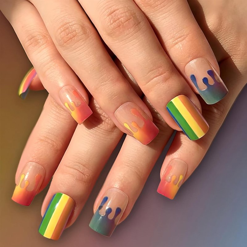 Rainbow Press On Nails - Medium Square Fake Nails with Colorful Stripes | Glossy Full Cover 24 Pcs for Summer