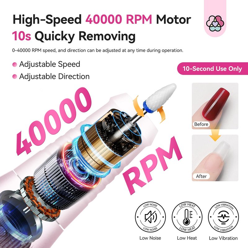 SAVILAND Professional Nail Drill 40000 RPM: Portable Electric Nail Drill Kit File Machine with Ceramic Nail Bit Sanding Bands for Quick Acrylic Removal Manicure Salon Home Use, Pink Diamond