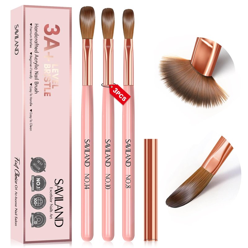 SAVILAND 3PCS Acrylic Nail Brush Set: Size 8/10/14 Kolinsky Acrylic Nail Brushes for Application, Pink Handle Professional Acrylics Powder Brushes for Nails Extension & 3D Nails Carving