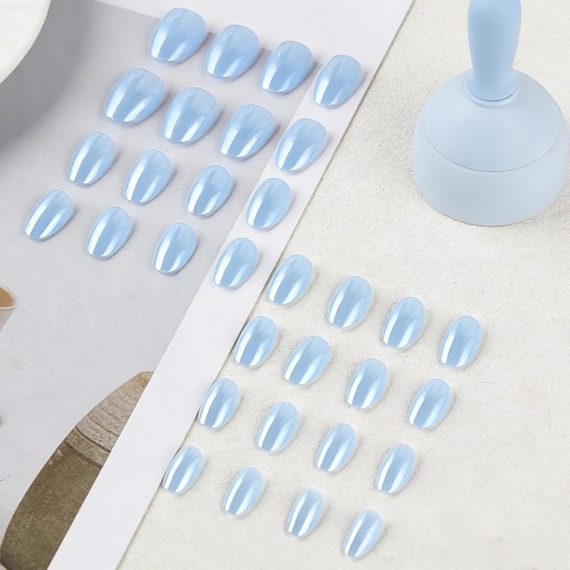 Skiennix Light Blue Press-On Nails - Short Oval Chrome Design | Reusable Full Cover 32 Pcs