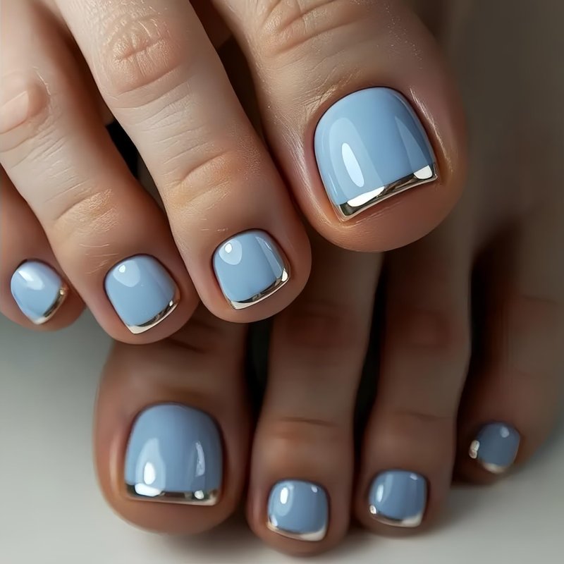 24Pcs Sliver French Tip Press on Toenails Summer Acrylic Toe Nail Press ons Short Square Fake Toenails Glossy Blue Toe Press on Nails Reusable Stick on Toenails for Women Nail Supplies
