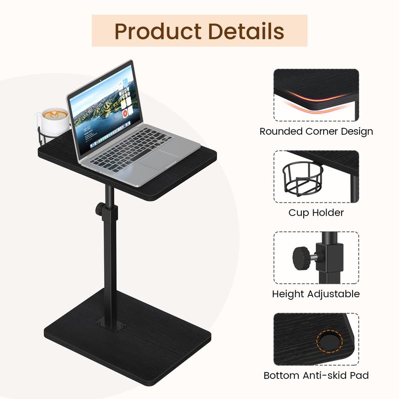 Giikin Side Table, 360 Swivel & Height Adjustable TV Trays for Eating on Couch, Sofa Armrest TV Tray Table with Cup Holder for Small Spaces, C-Shaped, Black, 11.8" D x 15.8" W x 31" H