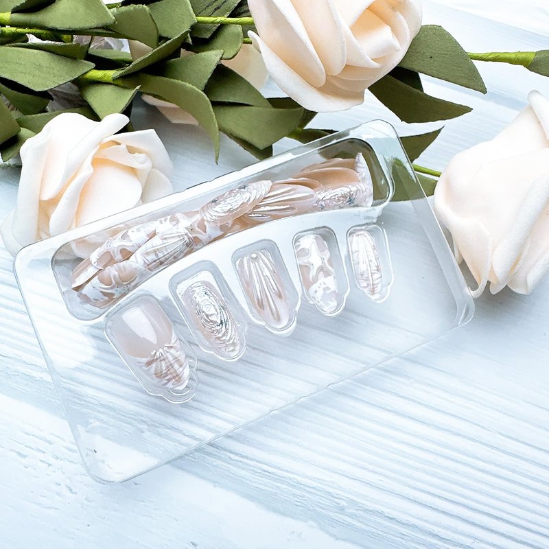 30Pcs Summer Beach Press-On Nails - Medium Almond French Tip with 3D Pearl Seashell Designs | Ocean-Inspired Acrylic Nails for Women