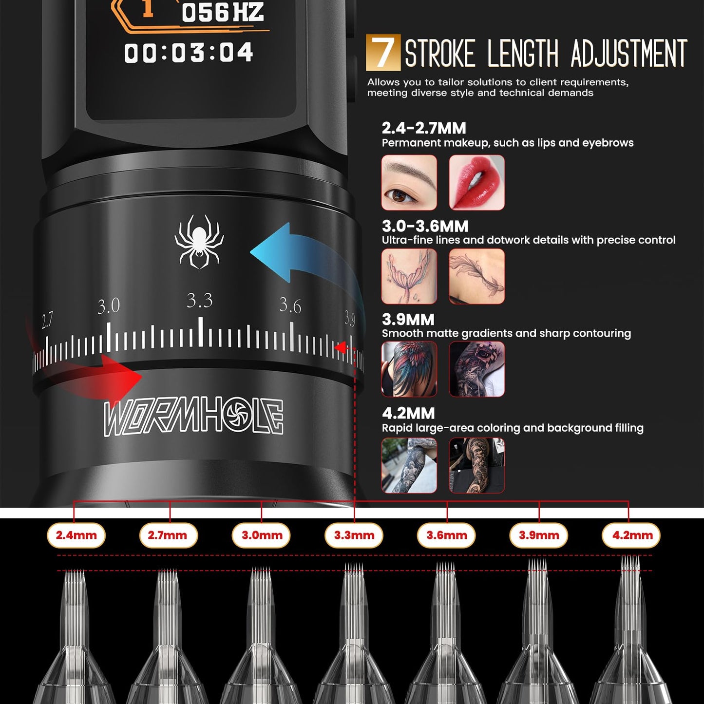 Wormhole 2,300mAh Battery Wireless Tattoo Kit Tattoo Gun Kit with 7 Adjustable Stroke Tattoo Machine with Normal/Jump-Start/Dot Working Mode with LED Digital Display for Artist WTK0257