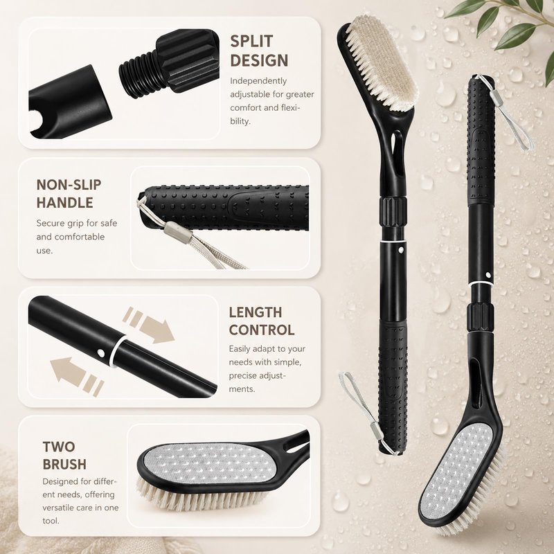 Long Handle Foot Scrubber for Shower, Extendable Foot Brush with Foot File 2 in 1 Dual Sided, Back Saving Foot Cleaner Brush for Cleaning Between Toes & Removing Calluses, Foot Care Tool for Seniors