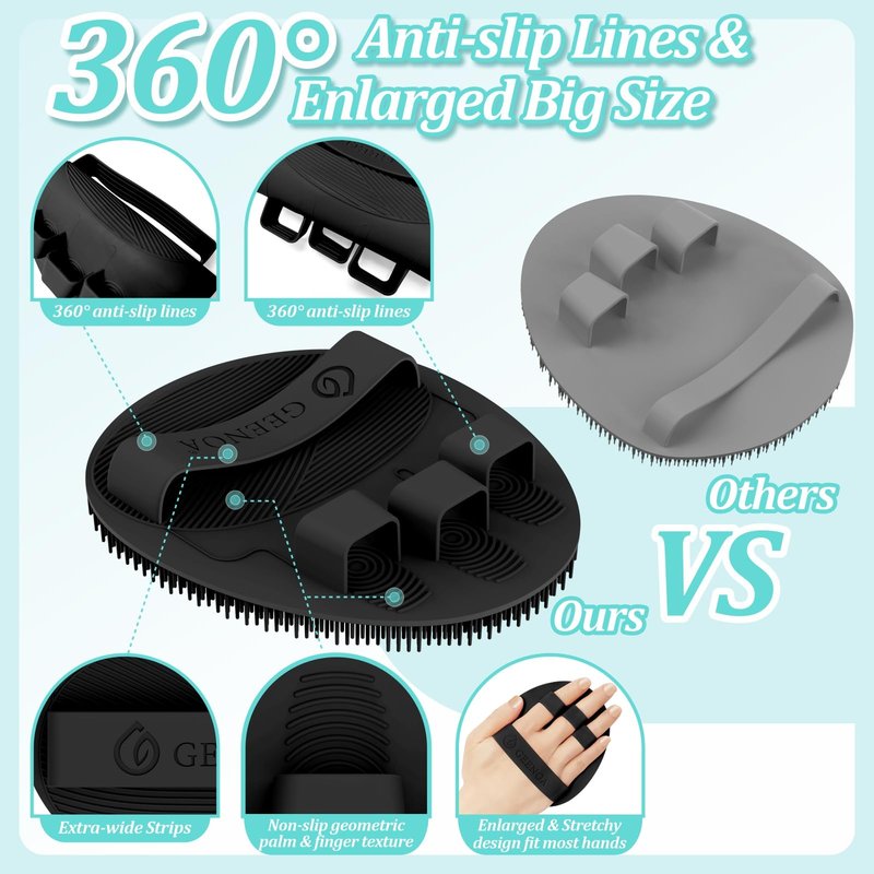 GEENOA Silicone Body & Face Scrubber Set, 360° Anti-Slip & Hand-fit Silicone Shower Scrubber for Rich Foaming Deep Cleaning, Unique Facial Scrubber with Side-bristles for Contoured Areas.(Black)