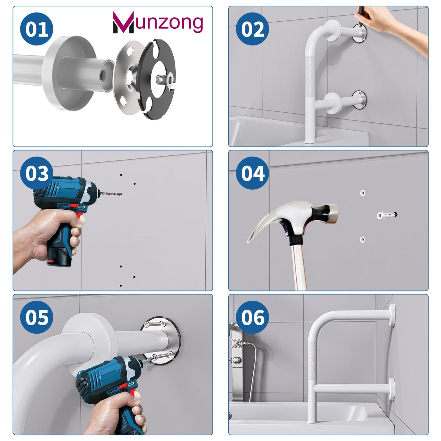 Bathtub Safety Rail with Double Grip, Munzong 16 Inch F-Shape Anti-Slip Shower Grab Bar for Seniors Handicap, Heavy Duty 300lb Support Wall Mounted Bathtub Handle, Standing Balance Aid for Elderly