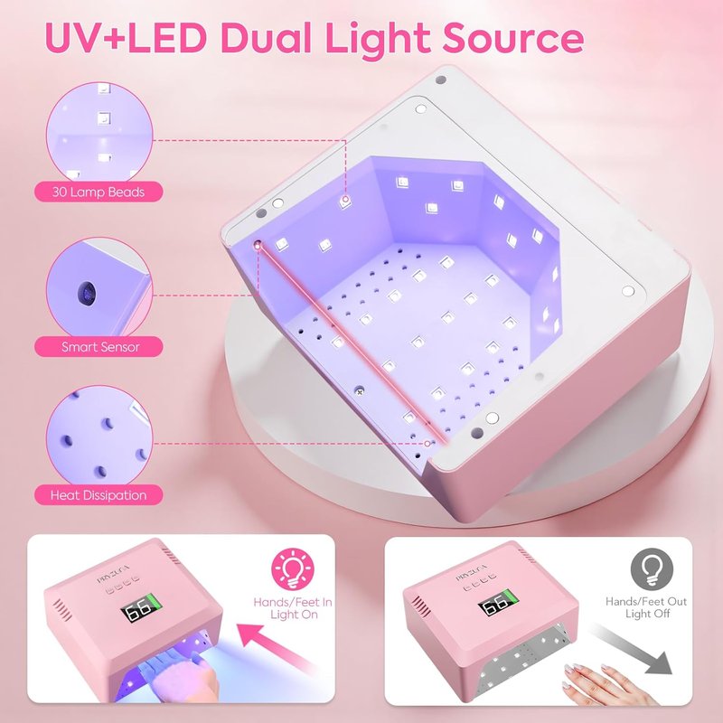 Skiennix Cordless UV LED Nail Lamp - 72W Fast Curing Gel Nail Dryer with Auto Sensor & 4 Timers | Rechargeable Pink Design