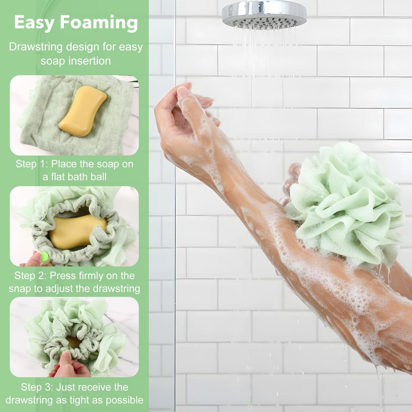 WJIAAA Loofah Washcloth Combo, 3 Pack 2-in-1 Exfoliating Shower Pouf Soap Pocket Drawstring Exfoliation Mesh Ball Hold Bar Soap Loofah Washcloth Body Wash Cleansing Smooth Skin(Green+Purple+Khaki)