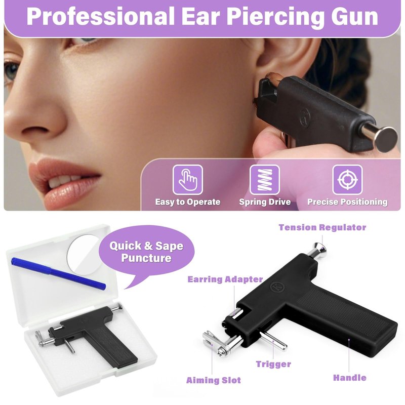 Professional Ear Piercing Gun, Reusable Ear Piercing Machine with Colorful Crystal Earrings Set for At Home Salon Earlobe Cartilage Helix Tragus Piercing Tool Kit