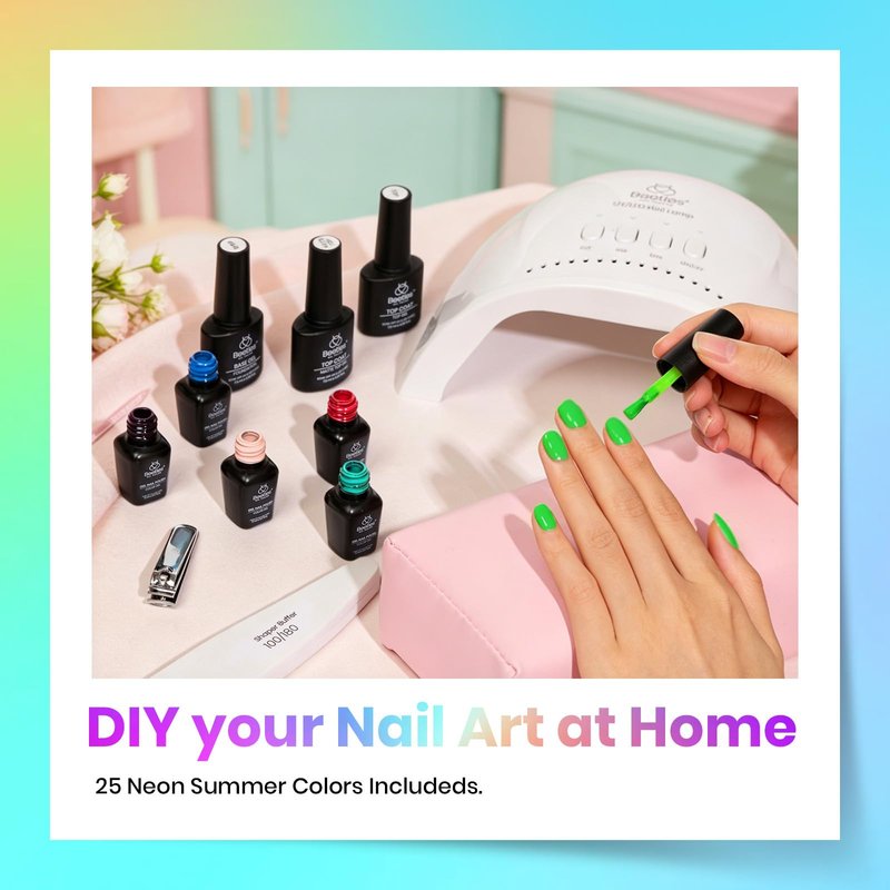 beetles Neon Gel Polish Set - Neon Summer Collection, Green Blue Purple 25 Summer Bright Colors Rainbow Gel Polish with Base Glossy Matte Top Coat UV LED Soak Of Gifts for Women 4th of July Nails