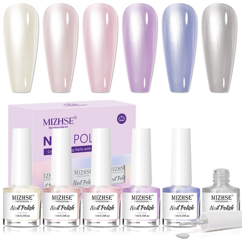 MIZHSE Pearlescent Nail Polish Set, 6 Colors Quick Dry Pearl Nail Polish, Air Fast Drying Nail Lacquer Non Gel Oil-based Pink Purple Blue Gray Nail Art Manicure Home DIY Gift for Women
