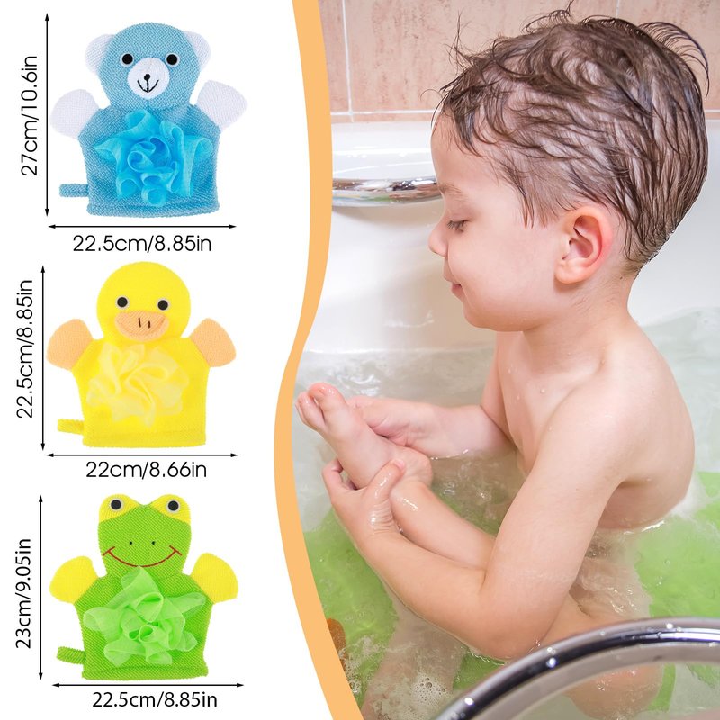 Qianyu 3pcs Bath Mitt Washcloth Glove Body Scrubber Cute Cartoon Design Exfoliating Glove Gentle Soft Scrub Loofah Bath Sponge for Kid Shower Washing Easy Lather (Blue/Green/Pink)