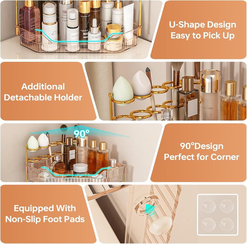 Corner Bathroom Counter Organizer - Acrylic Makeup & Toothbrush Holder | 3-Tier Amber Skincare Storage