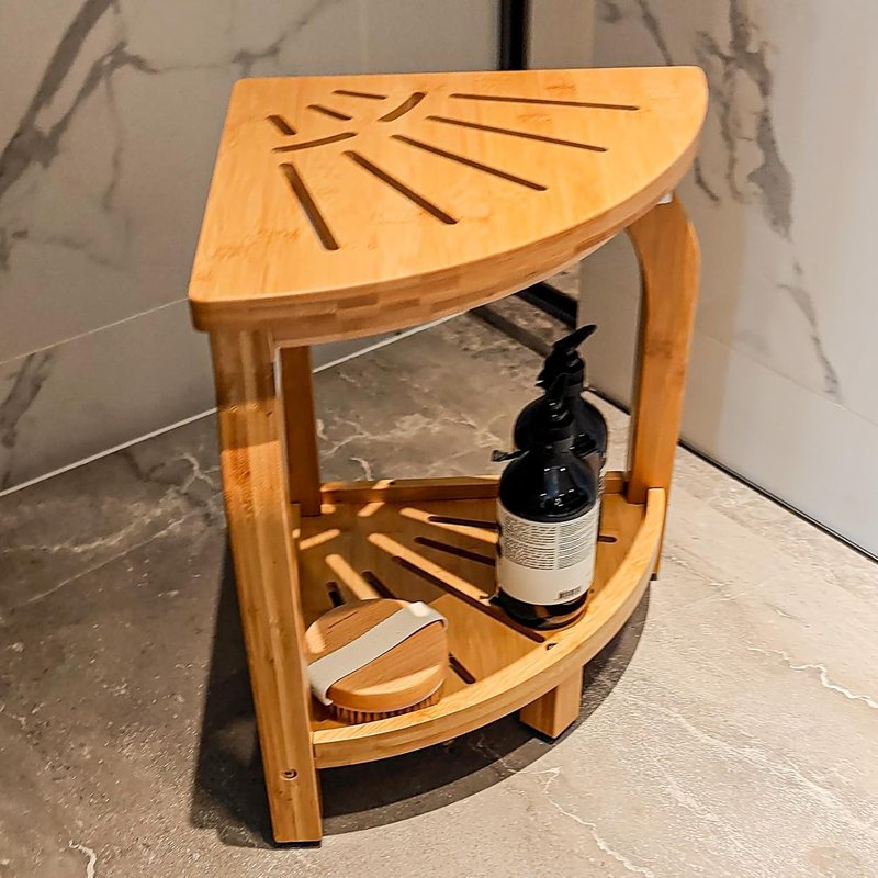 Bamboo Corner Shower Stool - Waterproof Bath Bench Seat with Storage Shelf | Holds Up to 450 lbs