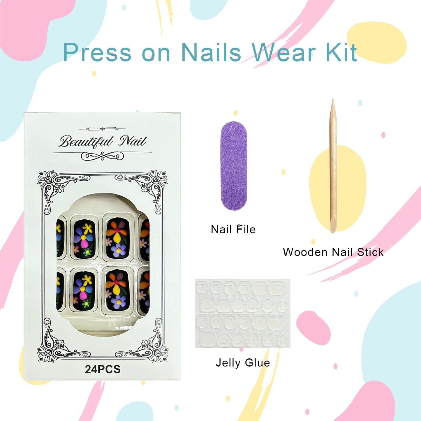 Skiennix Short Square Flower Press-On Nails - Multicolor Floral Design | Black Matte Full Cover, 24 Pcs