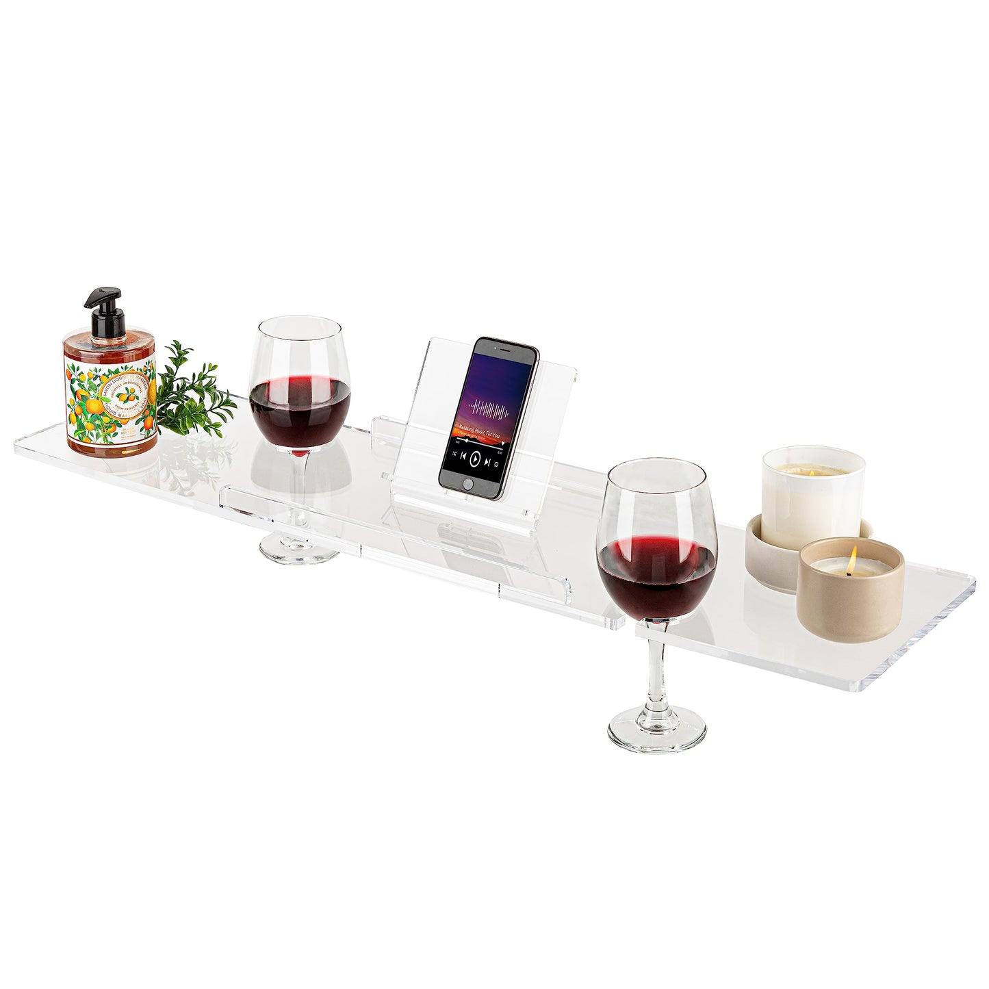 Rebecca Luxurious Bath 34" Supreme Plus- Luxury Bathtub Tray Caddy- 3/8" Thick, Clear Bath Tub Tray Table for 1 or 2 Bathers, Acrylic Bathtub Caddy, iPad and 2 Wine Glass Holders (Supreme Plus, 34")