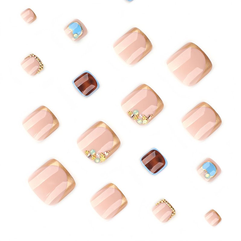 Gold French Tip Press On Toenails - Leopard Print Full Cover Acrylic | 24 Pcs Short Square Design for Women