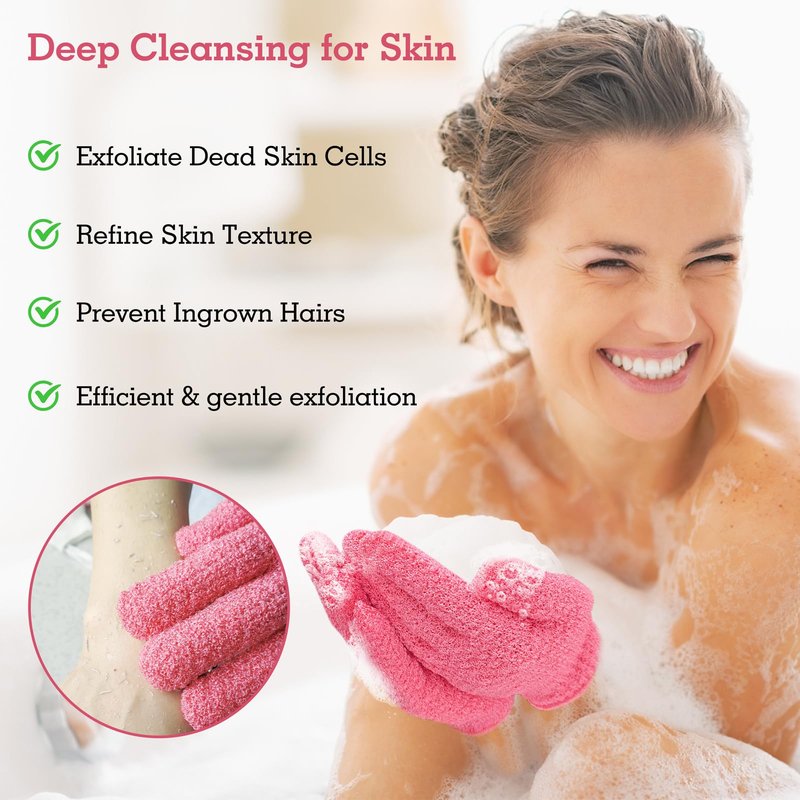 Evridwear Exfoliating Gloves for Shower, 100% Nylon Thick Soft Medium Heavy Bathing Gloves Dead Skin Remover Body Scrubber Smooth Skin with Hang Loop (Hot Pink Deep Exfoliation- 3 Pairs)