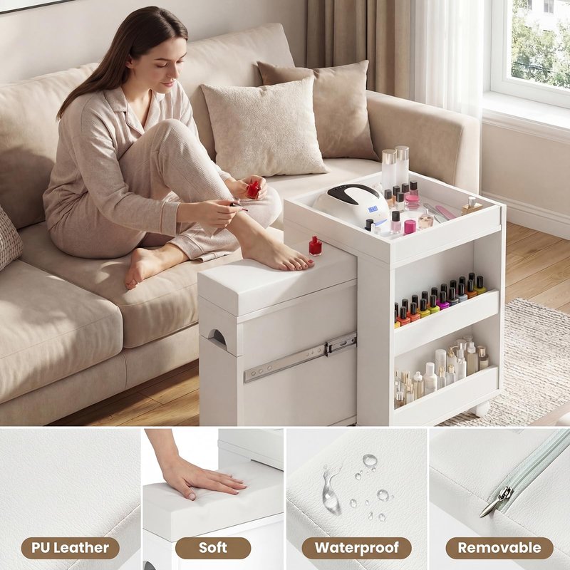 HolaiNail Pedicure Trolley Cart with Foot Rest, Wheels, Storage Shelves & Cabinet, Extendable Mobile Pedicure Foot Stool Stand Manicure Station for Nail Tech/Home Salon, 26.3" L