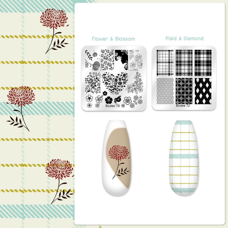 Biutee Nail Stamping Kit 12Pcs Nail Art Stamp Plates 8 Colors Stamping Polish Gel Silicone Stamper Scraper with Storage Bag, Nail Stamping Plate Lace Star Rose Plaid TemplateHoliday Design Gift
