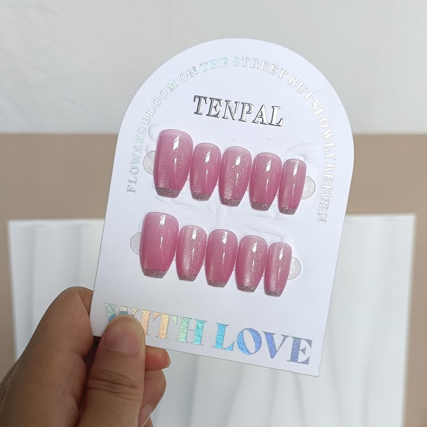 TENPAL Ballet Press on Nails Medium,Pink Cat Eye Glow & Negative Space French Tips False Glue on Nails,Prism Dust Glitter Fake Nails Kit,Y2K Minimalist Nail Art with Tools,Reusable 24pcs Glossy Nails