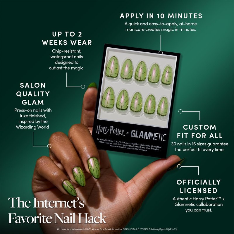 Glamnetic Press On Nails x Harry Potter™ - Mandrake | Short Almond Fake Nails with Iridescent Glazed Green Shimmer, Salon Quality Officially Licensed | 15 Sizes - 30 Nail Kit with Glue