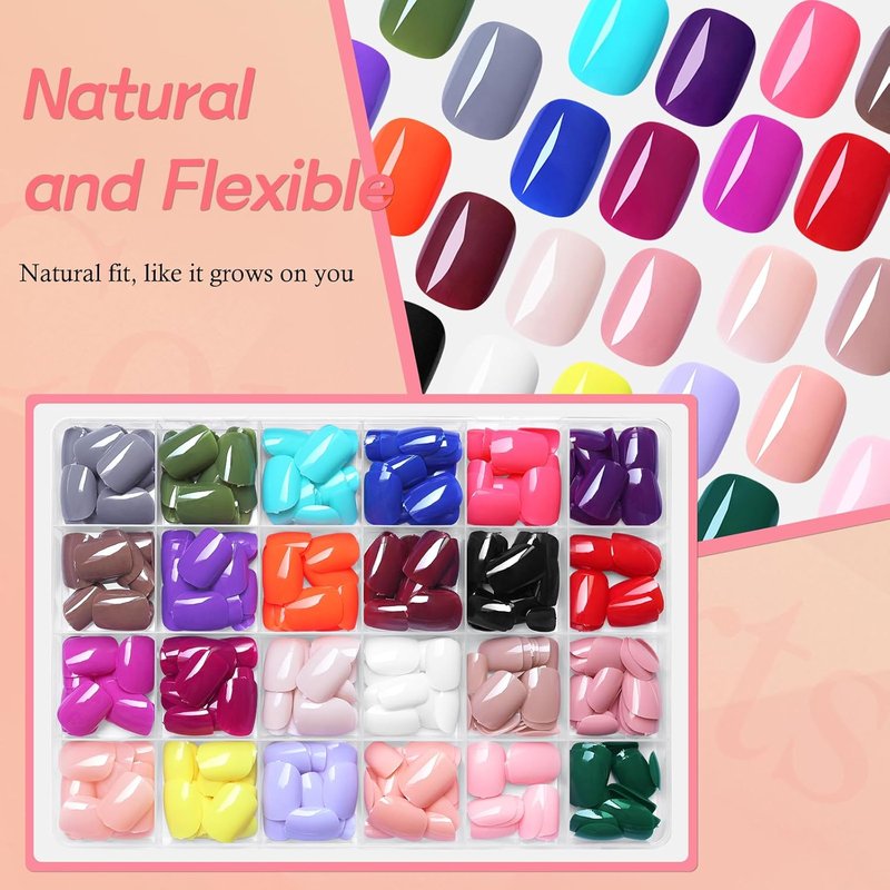 Skiennix 576pc Square Press-On Nails - Short Acrylic Fake Nails in 24 Colors with Glue & Tabs