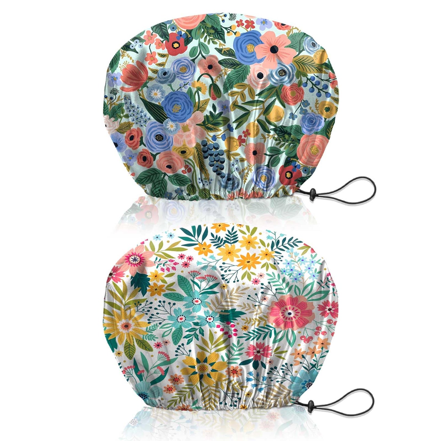 BHAHB 2 PCS Shower Cap Reusable Waterproof Double Layer Elastic Adjustable Hair Bath Caps Cute Aesthetic for Women Girls-Flowers