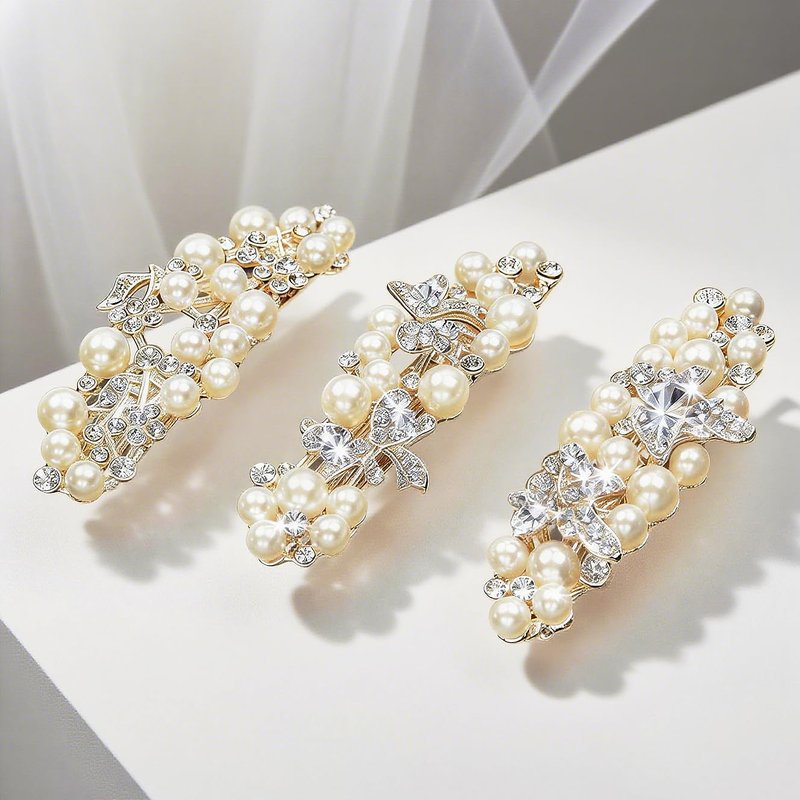 Gold Pearl Hair Clips - French Rhinestone Barrettes for Women | Decorative Clips for Weddings & Everyday Wear