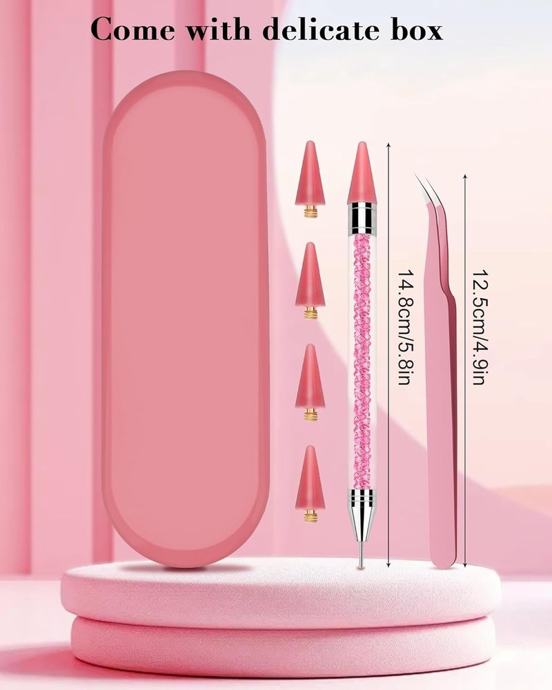 Rhinestone Picker Tool - Dual-Ended Applicator with 4 Replaceable Wax Tips & Tweezers | Pink Nail Art Accessory