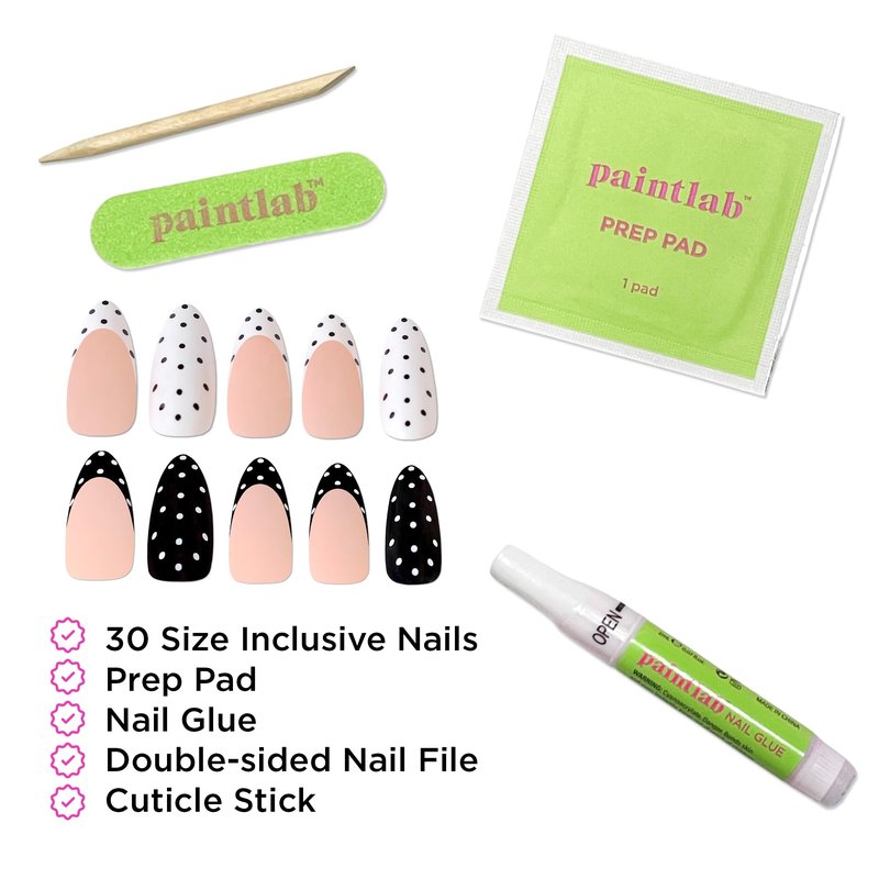 PaintLab Press On Nails - Polka Dot Couture Black & White Almond Fake Nails, 30 Nails in 15 Sizes with Glue, Reusable Salon Quality Polka Dot Press on Nails