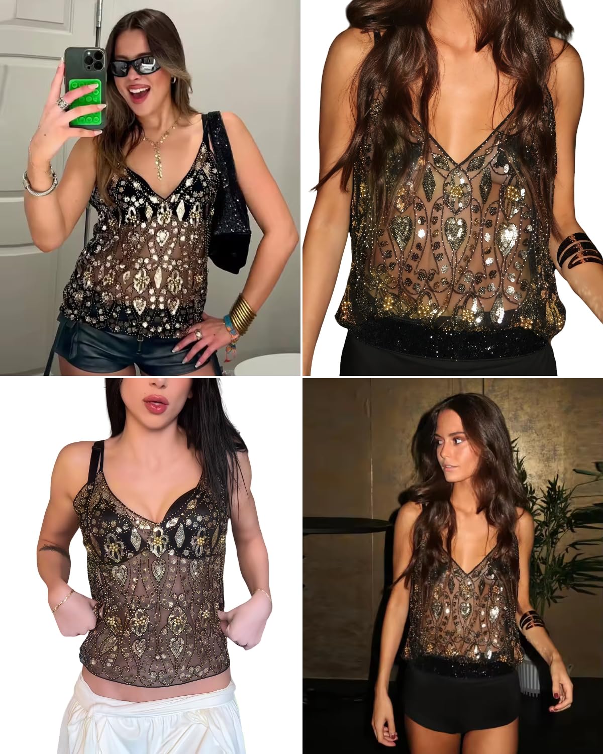 Suillty Women's Sparkly Sequin Beaded Camisole Sexy V-Neck Sheer Mesh Tank Top Party Clubwear Going Out Vest