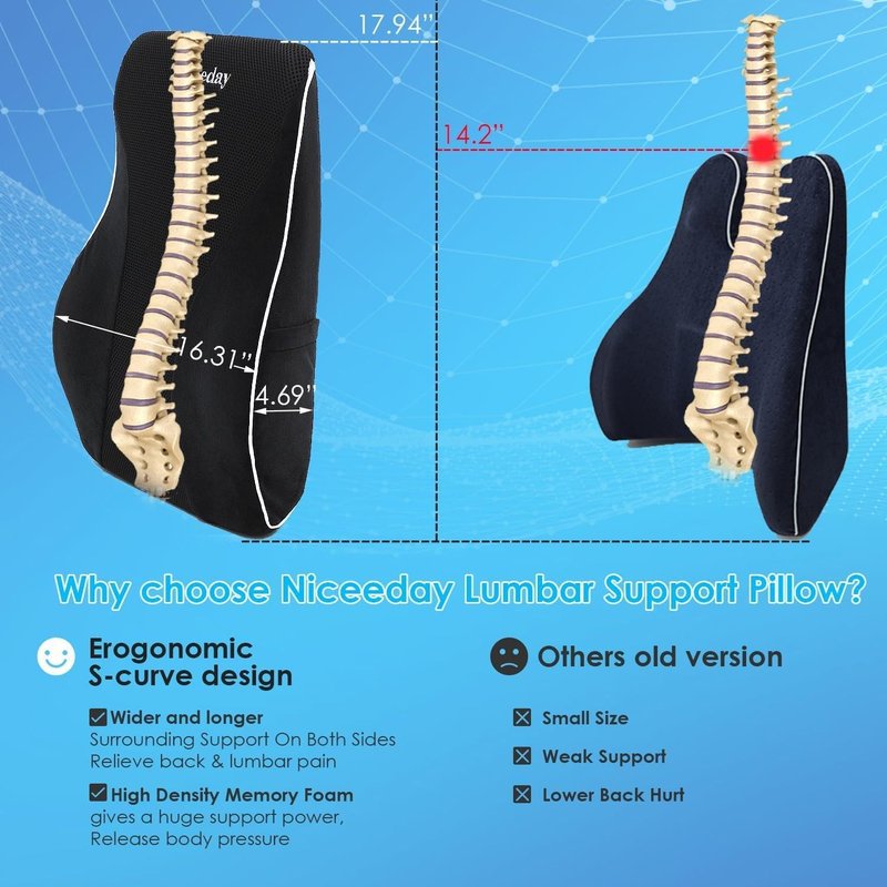 Niceeday Lumbar Support Pillow - Memory Foam Back Cushion for Lower Back Pain Relief | Ergonomic Design