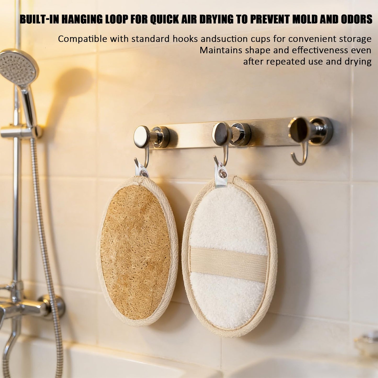 Heawarm Natural Loofah Sponge Exfoliating Body Scrubber (2 Pack), Dual-Sided Shower Luffa Sponge with Terry Cloth Back, Loofah for Women and Men