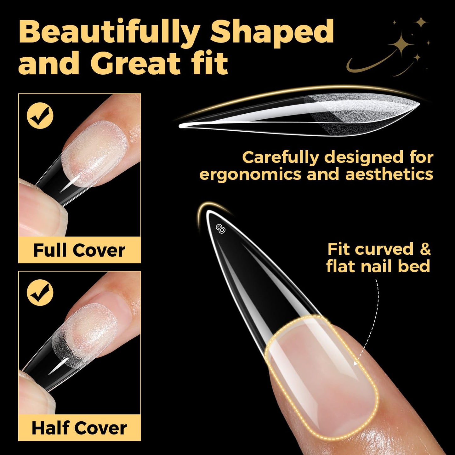 UNA GELLA Long Stiletto Gel Nail Tips 600Pcs Pre Etched Long Stiletto Almond Nail Tips Clear Fake Nails Press on Nails No C Curve for DIY Art Salon at Home 12 Sizes