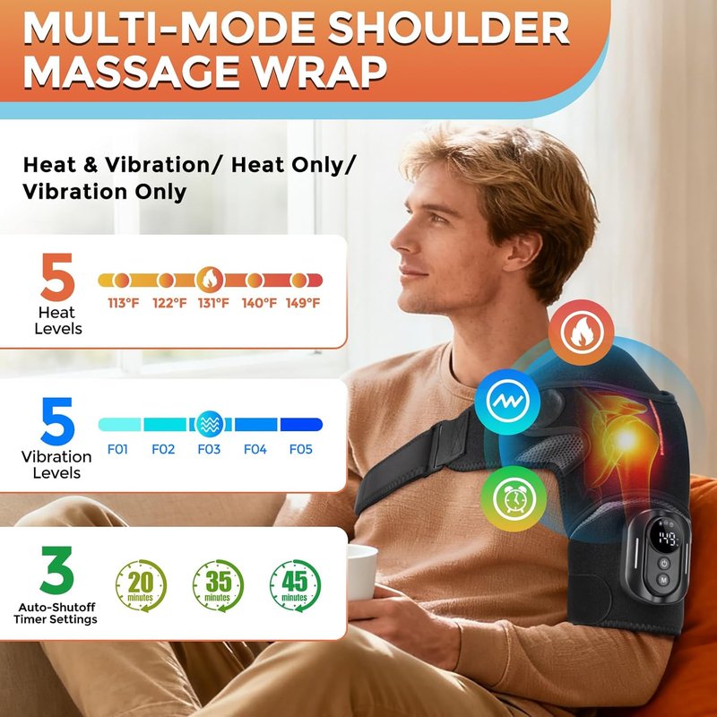 Cordless Shoulder Heating Pad - Portable Heated Wrap for Pain Relief | 5 Heat & Vibration Settings