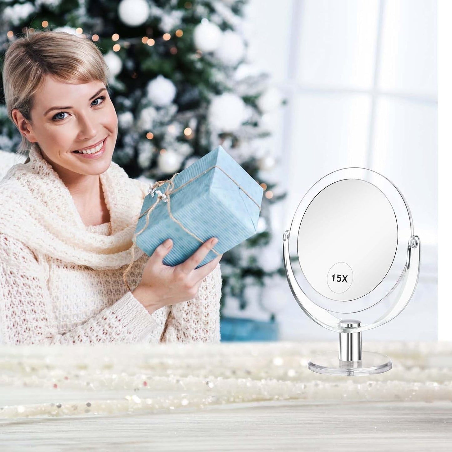 Vanity Makeup Mirror - 1X/15X Double-Sided Magnification | 360° Swivel, Portable Tabletop Design, 6.25 Inch